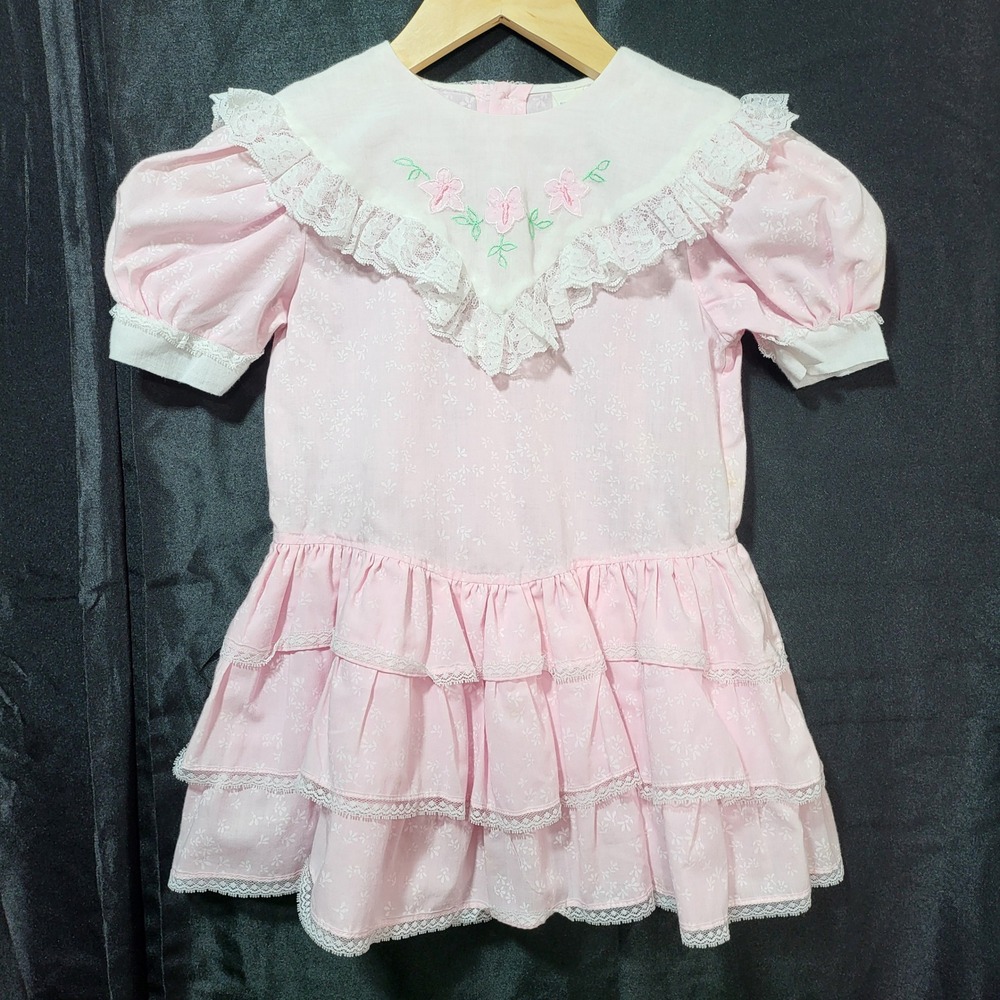 Vintage Pink Floral Lace Bib Collar Tiered Prairie Dress Kids Size 5 RN 16435